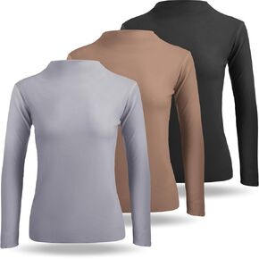 Geyoga 3 Pcs Women Turtleneck Long Sleeve Shirts Mock Neck Slim Fit Traceless Tops Winter Thermal Underwear Fleece Lined Top