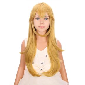 Kids Girls Golden Blonde Wig Blonde Long Wavy Peach Wig for Kids Synthetic Cosplay Wig with Wig Cap