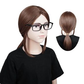 TANTAKO Kids Brown Ponytail Wig with Glasses Frame for Girls Cartoon Halloween Cosplay Costume