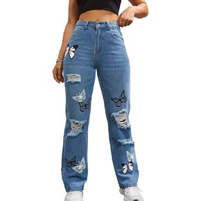 Womens Baggy Ripped Jeans High Waist Butterfly Distressed Straight Leg Jeans Teen Girls Cut Out Boyfriend Denim Pants