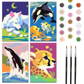 Nariolar 4 Pack Paint by Numbers Kit for Kids Ages 4-8-12 with 4.7X3.1inch Pre-Printed Cardboard,Acrylic Paint Pots and 3 Painting Brushes，Creative Gifts for Kids（Kitten and Rabbit