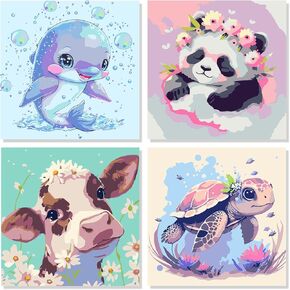FLAJZ 4 Pack Paint by Numbers Kit for Kids, Animals Paint by Number Kits for Kids Ages 4-8, DIY Animal Oil Painting Suitable for Home Decoration (8x8inch)