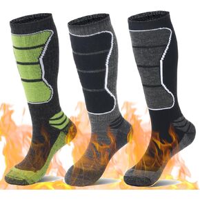 3 Pairs Mens Wool Skiing Socks, Thermal Snowboarding Over the Calf Warm Sock for Sports Hiking Hunting Outdoor