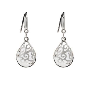 Recycled Vintage 1960's Cold Cream Jar White Milk Glass and Sterling Silver Filigree Teardrop Earrings