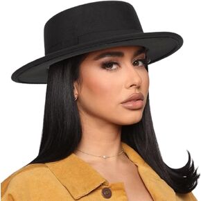 Pork-Pie-Fedora-Hat Wide Brim Felt Flat-Top-Boater Hat for Men Women(Size:M)