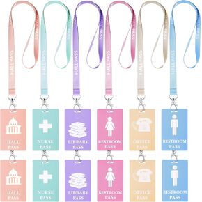12 Pcs PVC Hall Pass Lanyards School Passes Set Unbreakable Bathroom Passes for Classrooms Teachers Hall Library Office and Nurse Restroom Supplies Elementary Student Must Have (Pastel)