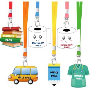 6 Sets Hall Pass Lanyards Unbreakable School Passes Acrylic Bathroom Passes Coloful for Classrooms Hall Restroom Library Office Nurse School Teacher Gift