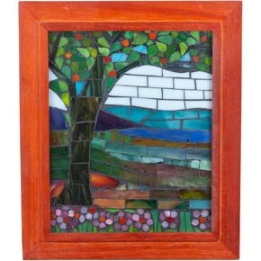 Dale Tiffany M0007SH Peacock Mosaic Art Glass Window Suncatcher Stained Glass Wall Panel & Red Oak Wood Frame for Home Décor, Living Room, and Office, 8" X 10"