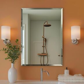 24x32 Beveled Edge Bathroom Mirror, Bevel Wall Mirror, Frameless Rectangle Bathroom Vanity Mirror, Shatterproof Mirror