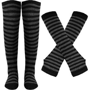Tongcloud Womens Socks Striped Knee High Socks Arm Warmer Fingerless Gloves Set Over Knee Thigh High Socks Arm Warmer Gloves