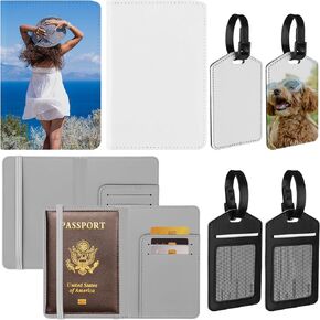 4 Pcs DIY Sublimation Passport Covers Holder and Luggage Tags Gift Set, 2 PU Leather Blank Heat Transfer Travel Wallet Passport Case with 2 Luggage Tags for Business Cards Travel Luggage