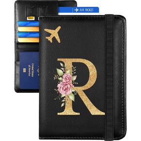 Slohif Initial Passport Holder Cover Wallet Case for Travel Women - Leather Letter Passport Book Family Multiple Personalized Organizer Card Slots Protector Sleeve Essentials Slim Carrier Black M