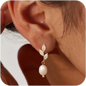 Pearl Earrings for Women Trendy 14K Gold Plated Pearl Drop Earrings Dainty Pearl Dangle Earrings for Women Hypoallergenic Freshwater Pearl Earrings Bridal Earrings Wedding Earrings Jewelry for Women