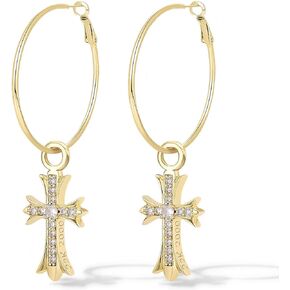14K Gold Plated Cross Hoop Earrings, White Gold Plated Cross Dangle Earrings Hypoallergenic and Statement, Gifts by Febsky