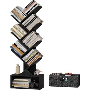 Vagusicc 6 Tier Tree Bookshelf, Modern Floor Standing Bookcase with Storage Drawer, Tall Wood Book Storage Rack for CDs/Books, Utility Book Organizer Shelves for Bedroom/Living Room/Home Office/Corner