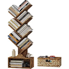 Vagusicc 6 Tier Tree Bookshelf, Modern Floor Standing Bookcase with Storage Drawer, Tall Wood Book Storage Rack for CDs/Books, Utility Book Organizer Shelves for Bedroom/Living Room/Home Office/Corner