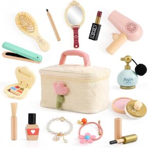 Atoylink Wooden Makeup Toy Set, 15Pcs Hair Salon Girl Toys Toddler Pretend Play Makeup Kit with Plush Makeup Bag Princess Beauty Realistic Accessories for Girls Age 3 4 5 6 Birthday Gifts
