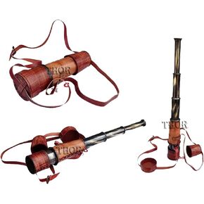 Handheld Pirate Spyglass Brass Nautical Antique Telescope with Leather 18 inches Rustic Vintage Home Decor Gifts