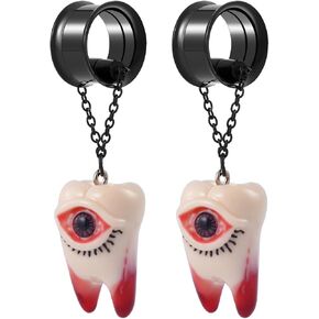 2PCS Black Stainless Steel Ear Dangle Gauges Tunnels Teeth Eyeballs Chain Screw Fit Double Flared Ear Tunnels and Plugs Expander Earrings For Women Men Body Piercing Jewelry