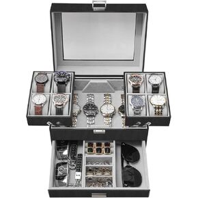 Dajasan Watch Box, Watch Case for Men, 8 Slot Watch Display Case, 3 Layers Large Sunglass Storage Organizer for Watch, Ring, Jewelry, Gift Idea, PU Leather (Black)