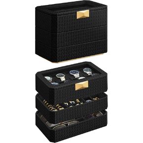 SONGMICS HOME RONNE Collection - 3-Tier Watch Box, Stackable 8-Slot Watch Case, Woven Embossed PU Leather, Floating Effect, Gift Idea, Ink Black Surface, Wine Red Lining UJWB021R01