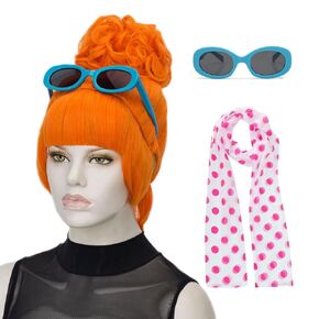 QACCF 4 Pcs Women 60s Orange Updo Flat Full Bangs Cosplay Realistic Short Halloween Costume Party Retro Blue Glasses Scarf and Wig
