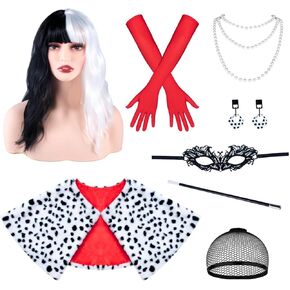 Cruella Deville Costumes Cruella Deville Wig with Dalmatian Shawl Gloves C-Holder Earrings Necklace Wig Cap Eye Cover, Cruella Deville Accessories Black and White Wig Cruella Deville Costume
