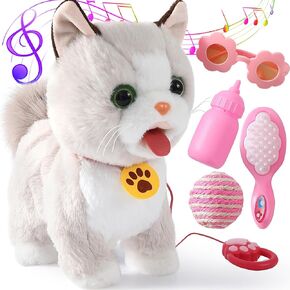 Walking Cat Set Interactive Talking Cat Toy Kitten Repeat What You Say Robot Cat Toy for Girl Singing Dancing Touch Control Cat with Leash Wagging Tail Nodding Plush Electric Ragdoll Kitty Cat for Kid