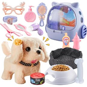 Toy Dog for Kids, Girls Interactive Plush Stuffed Toys Dog that Walk and Bark,16 pcs Electronic Puppy Pet Care Pretend Playset w/ Backpack, Groom & Feed Toys, Gifts for Girls 3-5 5-7 6-8 8-12