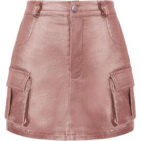 Girls' Sparkly Skirt Kids Metallic Skirt Girl Cargo Skirt Y2K Zip up Stretchy Skirt with Pocket 7-14 Years
