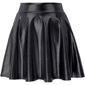 Girl's Shiny Metallic Skater Skirt Faux Leather Stretch Waist Pleated Mini Flared Skirt for Kids & Teen & Toddler
