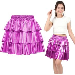 Girls Metallic Skirt 3-Layer Ruffle Sparkly Shiny Dance Party Skirt