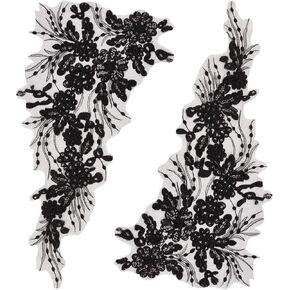 GORGECRAFT 1 Pair 3D Flower Embroidery Lace Fabric Black Sequin Ribbon Trim Embroidered Bead Floral Applique Sew on Patches Glitter Sewing Ornament Paillette Diy Costume Accessories for Bridal Wedding