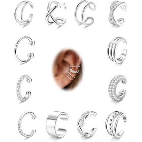 FUNRUN JEWELRY 12Pcs Ear Cuff Earrings for Women Non Piercing 14K Gold Plated Ear Cuffs Non Pierced Clip on Cartilage Earring Adjustable Fake Earrings