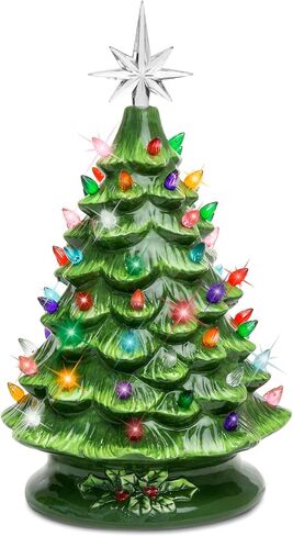 Best Choice Products 15in Ceramic Christmas Tree, Pre-lit Hand-Painted Tabletop Holiday Tree, Star Topper, 64 Lights - Green w/Multicolored Bulbs in Saudi Arabia
