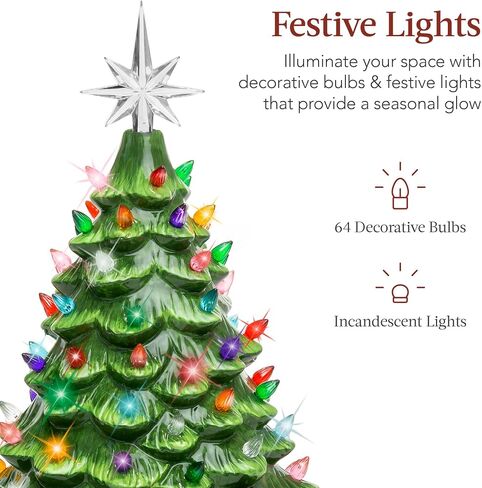 Best Choice Products 15in Ceramic Christmas Tree, Pre-lit Hand-Painted Tabletop Holiday Tree, Star Topper, 64 Lights - Green w/Multicolored Bulbs in Saudi Arabia