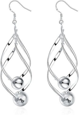 925 Sterling Silver Dangle Earrings for Women, Handmade Ball Bead Tassel Chain Dangling Earrings Anniversary Birthday Gifts in Saudi Arabia