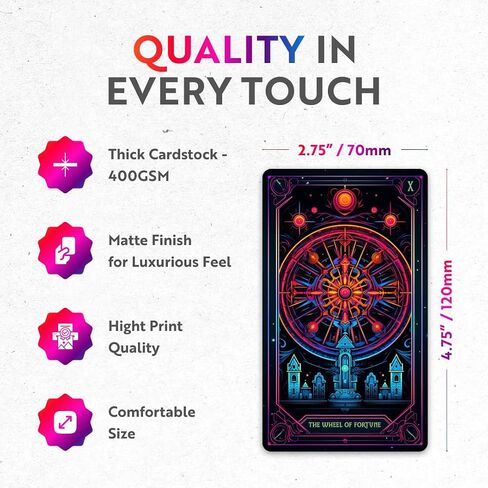 بطاقات CRAFTERIAN Neon Tarot │ 78 بطاقة Tarot │ بطاقات Tarot الأصلية للمبتدئين والخبراء مع كتاب إرشادي وحواف من الرقائق المعدنية │ لعبة قراءة الطالع، أدوات العرافة لجميع مستويات المهارة،. in Kuwait