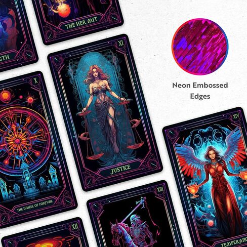 بطاقات CRAFTERIAN Neon Tarot │ 78 بطاقة Tarot │ بطاقات Tarot الأصلية للمبتدئين والخبراء مع كتاب إرشادي وحواف من الرقائق المعدنية │ لعبة قراءة الطالع، أدوات العرافة لجميع مستويات المهارة،. in Kuwait