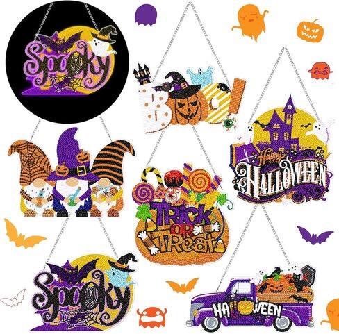 Chiisong 6 Pcs Halloween Diamond Painting Glow in The Dark Diamond Art Painting Kits Pumpkin Gnome Spooky Shaped Diamond Paintings Hanging Ornaments for DIY Halloween Holiday Party Decoration Gift in Saudi Arabia