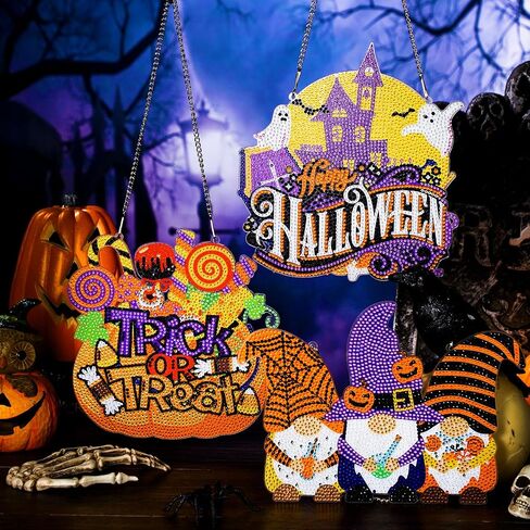 Chiisong 6 Pcs Halloween Diamond Painting Glow in The Dark Diamond Art Painting Kits Pumpkin Gnome Spooky Shaped Diamond Paintings Hanging Ornaments for DIY Halloween Holiday Party Decoration Gift in Saudi Arabia