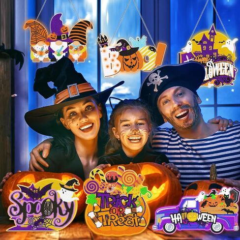 Chiisong 6 Pcs Halloween Diamond Painting Glow in The Dark Diamond Art Painting Kits Pumpkin Gnome Spooky Shaped Diamond Paintings Hanging Ornaments for DIY Halloween Holiday Party Decoration Gift in Saudi Arabia