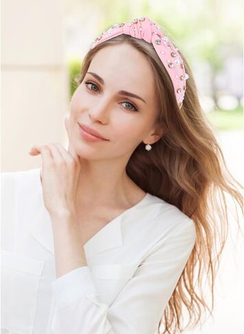 Pink Pearl Wide Headband for Women Girls Women Rhinestone Headband Wide Knotted Headband for Women Hair Accessories Wide Top Knot Headbands in Kuwait
