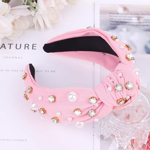 Pink Pearl Wide Headband for Women Girls Women Rhinestone Headband Wide Knotted Headband for Women Hair Accessories Wide Top Knot Headbands in Kuwait