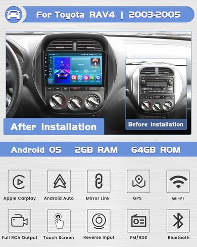 Roinvou 2+64G Android 13 CarPlay Stereo for 2000-2003 Toyota RAV4, Built-in Wireless CarPlay Radio with Android Auto, 9'' Touch Screen in-Dash GPS Navigation Support Mirror Link BT HiFi WiFi RDS SWC in Kuwait