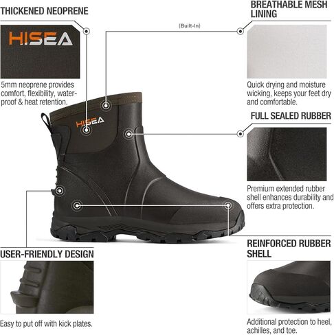 HISEA Upgraded Excursion Pro Men's Rain Boots, Ankle Height Rubber Hunting Boots Waterproof Insulated Neoprene Boots Durable Outdoor Mud Booties for Hunting Gardening Farming Fishing and Yard Work in Kuwait