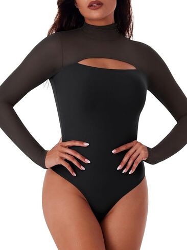 REORIA Women's Sexy Cutout Turtle Neck Long Sleeve Sheer Mesh Thong Bodysuits Tops Trendy Fall Going Out Outfits in Saudi Arabia