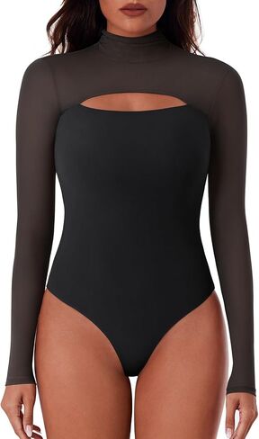 REORIA Women's Sexy Cutout Turtle Neck Long Sleeve Sheer Mesh Thong Bodysuits Tops Trendy Fall Going Out Outfits in Saudi Arabia