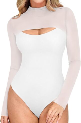 REORIA Women's Sexy Cutout Turtle Neck Long Sleeve Sheer Mesh Thong Bodysuits Tops Trendy Fall Going Out Outfits in Saudi Arabia