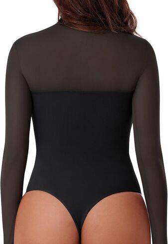 REORIA Women's Sexy Cutout Turtle Neck Long Sleeve Sheer Mesh Thong Bodysuits Tops Trendy Fall Going Out Outfits in Saudi Arabia
